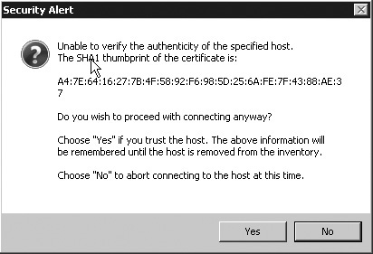 A Security Alert dialog box is displayed when adding an ESXi host with an untrusted SSL certificate.