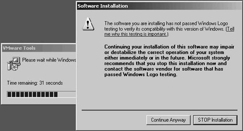 A dialog box preventing an automatic upgrade of VMware Tools at the console of a Windows virtual machine.