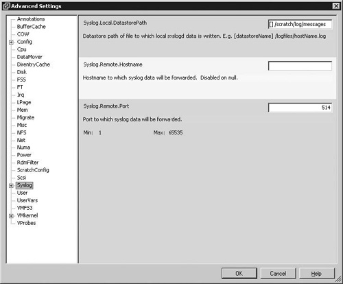 VMware ESXi syslog settings.