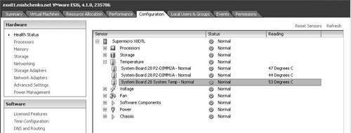 Viewing the Health Status page when directly connected to an ESXi host.