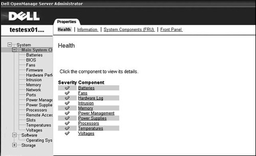 Viewing the Health Status page for a host when connected to vCenter Server.