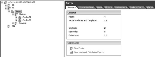 Organizing vCenter objects with folders in the Hosts and Clusters view.