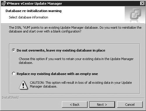 Keeping the existing database during the reinstallation of vCenter Update Manager.