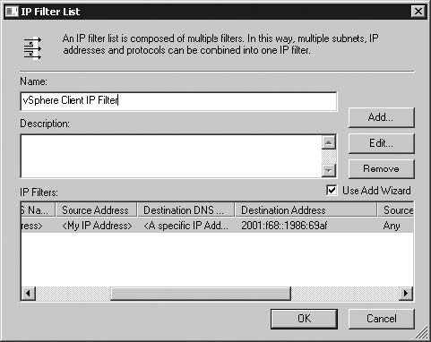 Creating an IP Filter List for IPSec on Windows Server 2008.