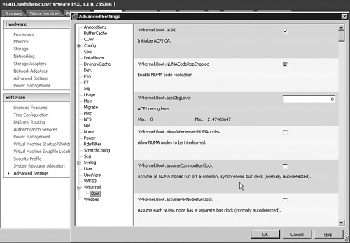 Adjusting advanced configuration settings with the vSphere client.