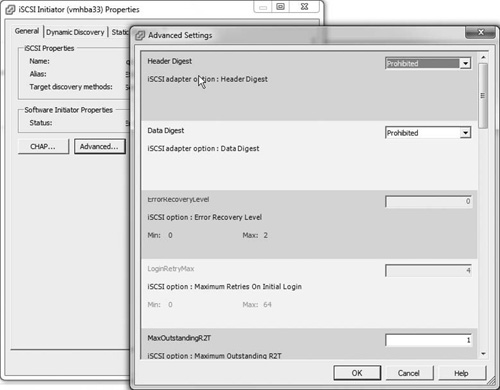 iSCSI Advanced Settings in the vSphere client may also be set using vicfg-iscsi.
