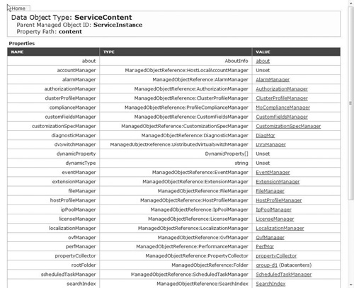 Using the vSphere MOB Web interface to browse vCenter objects.