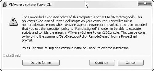 Changing the PowerShell execution policy during the PowerCLI installation.
