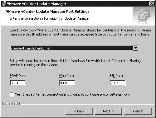 The VMware vCenter Update Manager Port Settings installation screen.