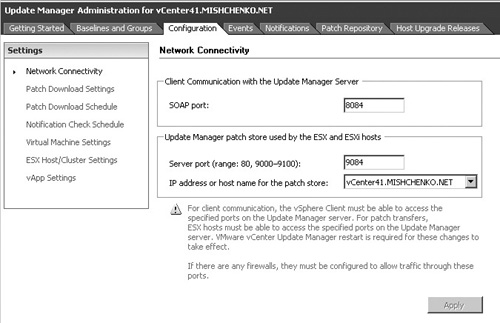 VMware vCenter Update Manager Configuration options.