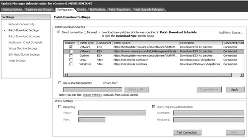 Changing patch download settings for VMware vCenter Update Manager.
