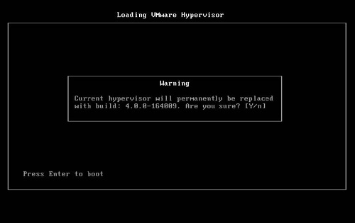 The Loading VMware Hypervisor screen displaying a warning message.
