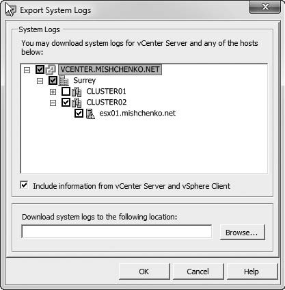 Generating a support bundle with the vSphere client.