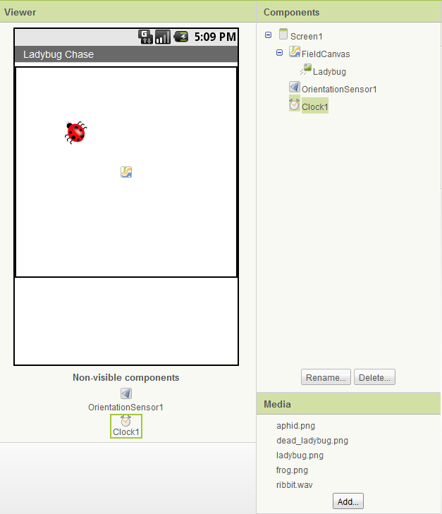 Setting up the user interface in the Component Designer for animating the ladybug
