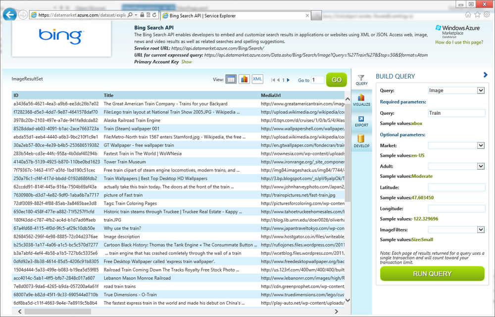 Results from Bing image search for train using the DataMarket service explorer