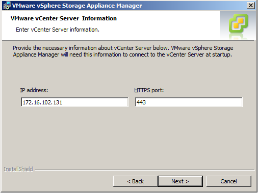 Storage Appliance Manager: vCenter Server information