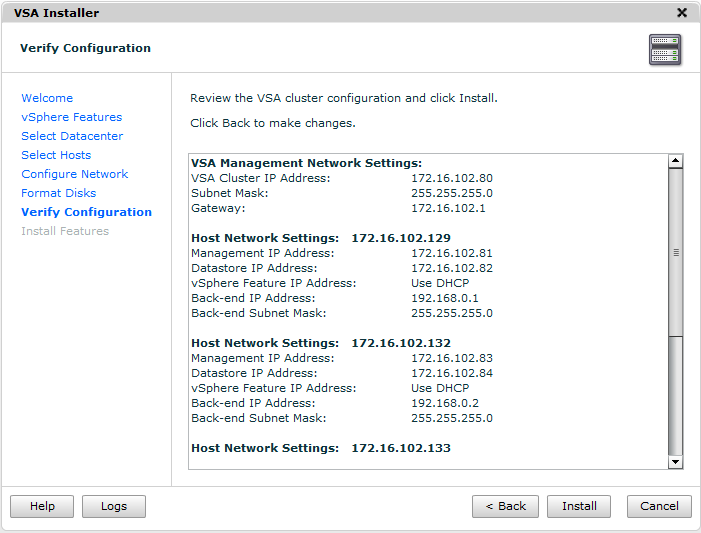 Create a VSA Cluster: installation summary