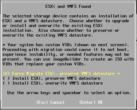 ESXi Installer: installation and upgrade options