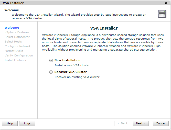 Create a VSA Cluster: main install screen