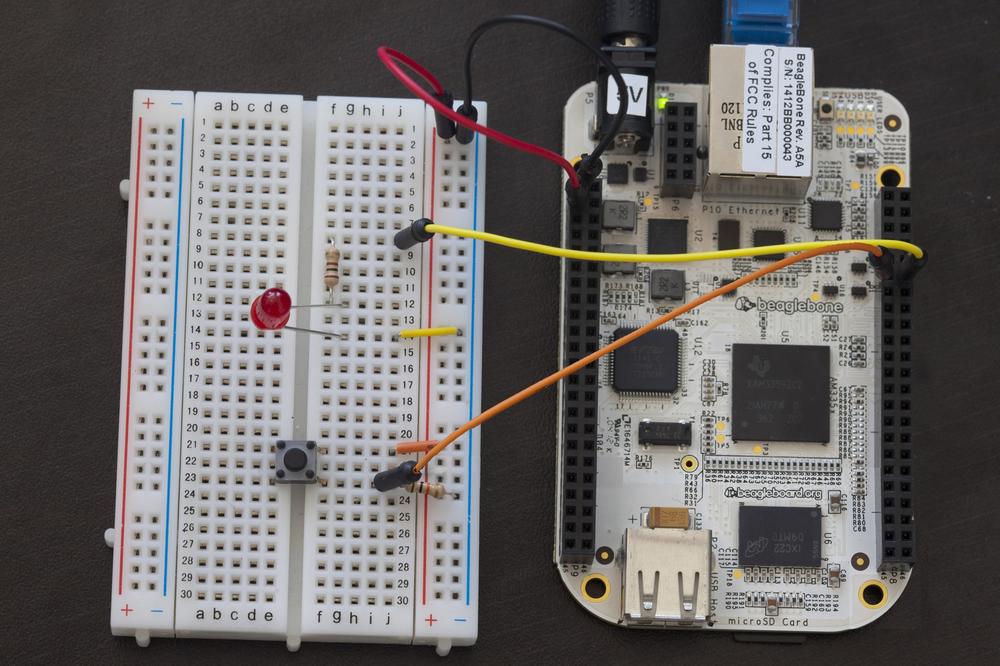 A button and LED wired up to the BeagleBone