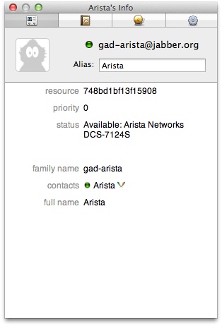 Info screen for my Arista switch’s XMPP username