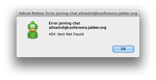 A 404 error when trying to rejoin previous group chat on jabber.org with Adium