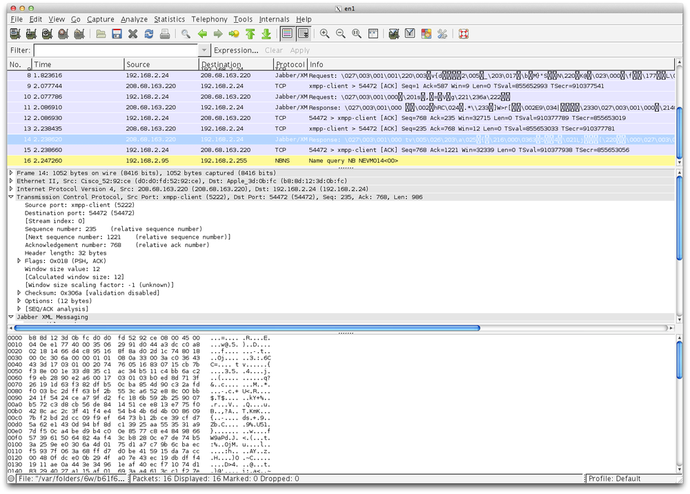 Wireshark capture of the results from the command show int e10 being sent through CloudVision