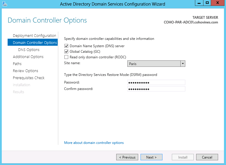 The Domain Controller Options screen