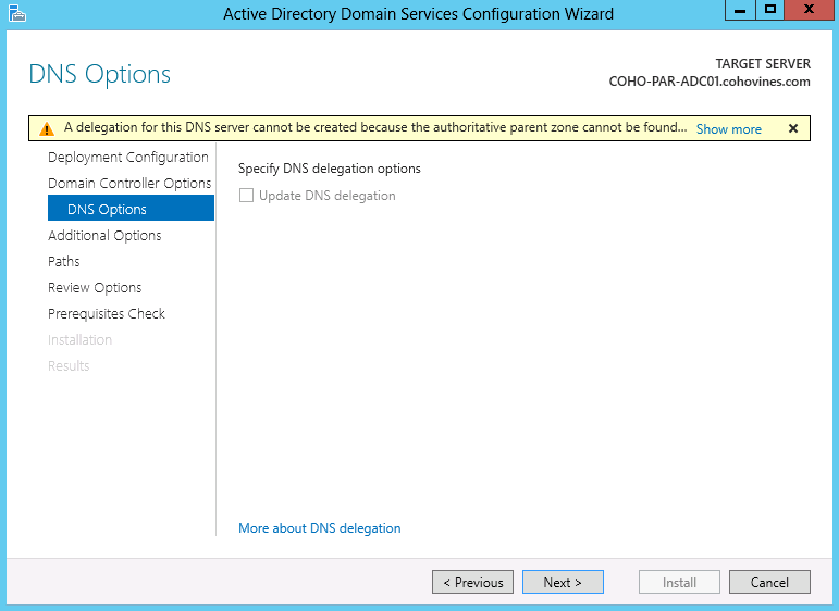 DNS delegation warning