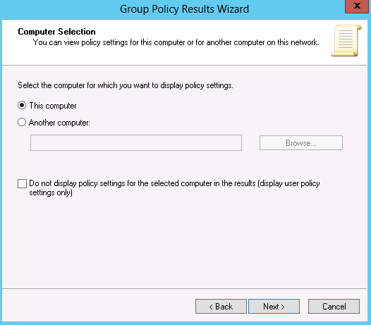 Group Policy Results Wizard—target computer selection