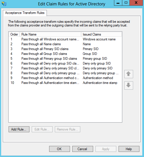 Acceptance transform rules for Active Directory claims provider trust