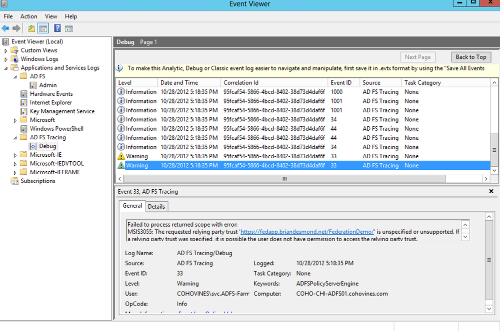 Tracing events in the Debug log