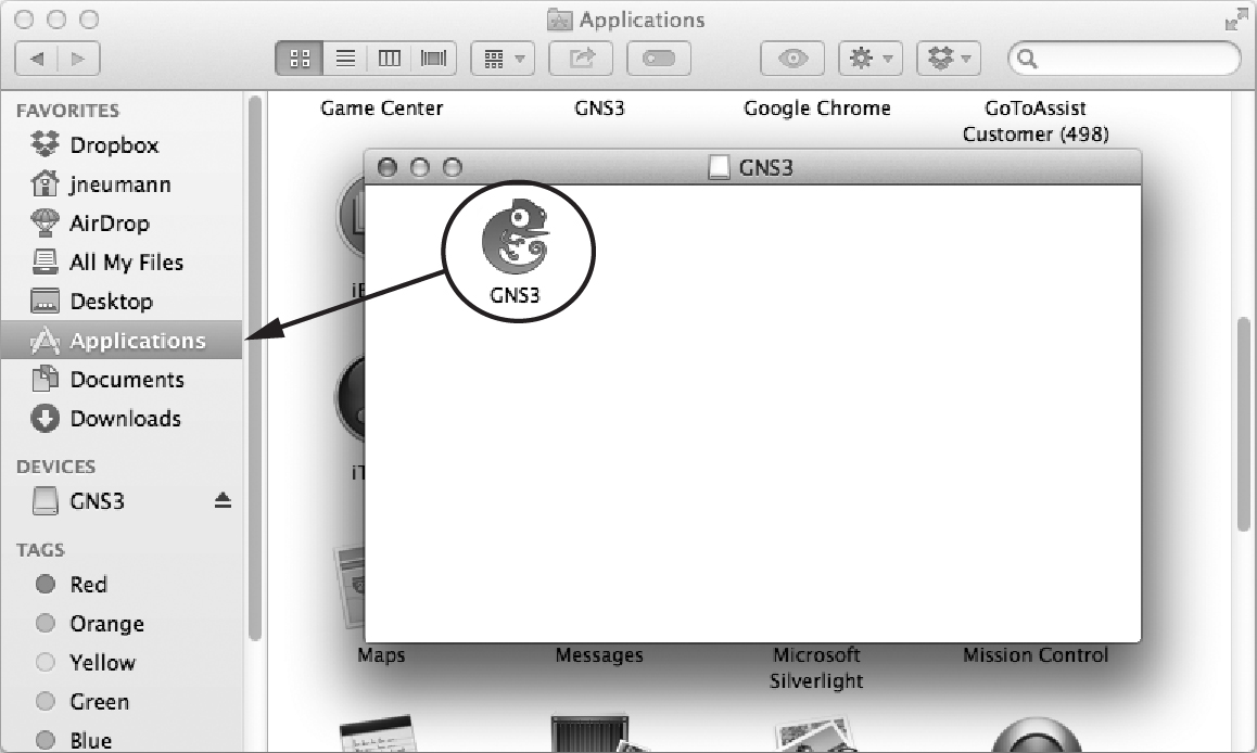 Dragging the GNS3 program icon to the Applications folder