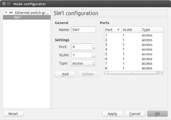 Ethernet switch Node configurator window