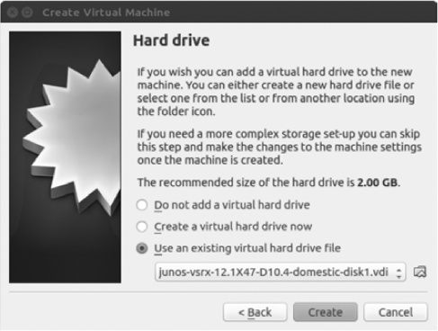 Choose the Junos vSRX Firefly VDI hard disk image file.