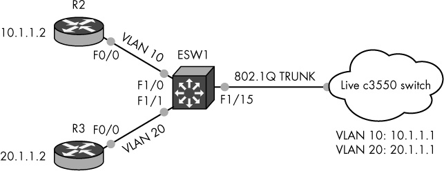 Sample topology using a standard dot1q trunk to live switch