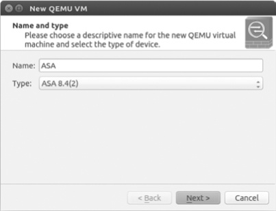 Creating a new QEMU virtual machine and setting Type to ASA 8.4(2)