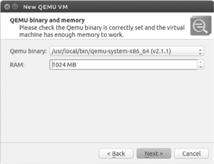 QEMU binary and memory screen