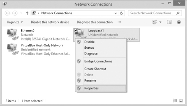 Selecting Properties to configure the Microsoft Loopback Adapter driver