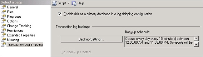 Selecting Enable This As A Primary Database In A Log Shipping Configuration so that the rest of the settings can be configured