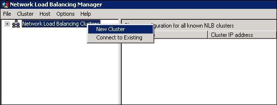 Selecting New Cluster in the Network Load Balancing Manager