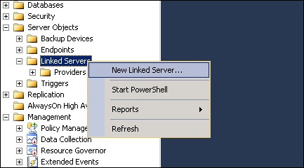 Creating a new linked server in SQL Server Management Studio