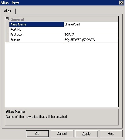 Alias dialog box from the SQL Server Configuration Manager