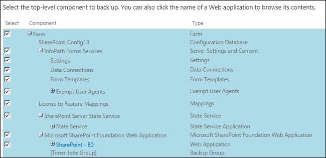 Selecting all available components in a farm backup