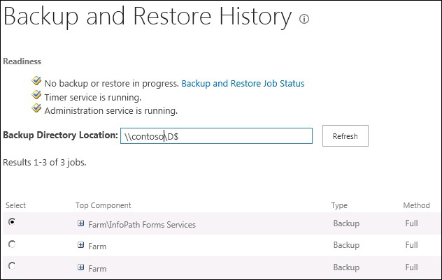 Choosing the InfoPath Form Services from the jobs in Backup and Restore History