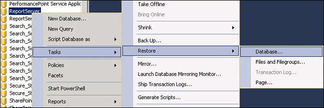 The Restore Database option in Microsoft SQL Server Management Studio