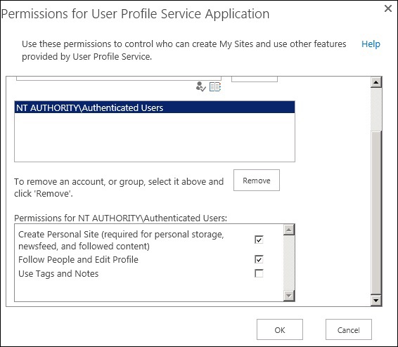 Permissions for User Profile Service Application dialog box