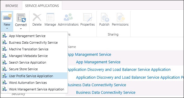 Creating a User Profile Service Application on the Manage Service Applications page