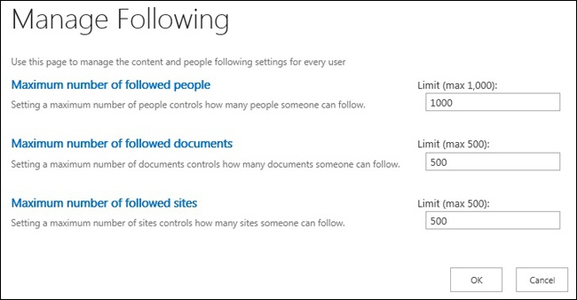 Manage Following page that shows the number of items followed that can be limited at the farm level