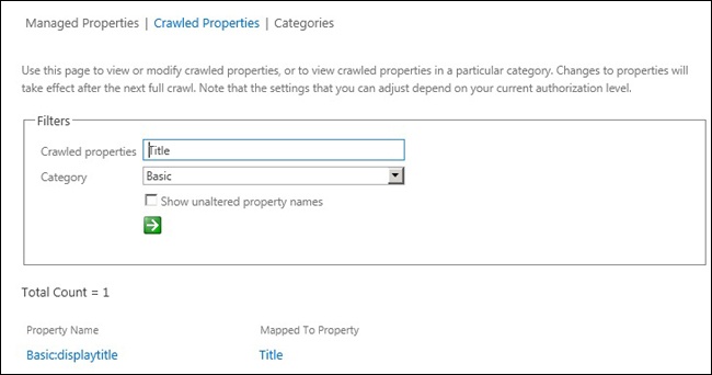 Crawled Properties page, with Title and Basic as the filters used to find the Title property